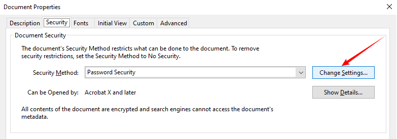 Adobe Acrobat Security tab with Change Settings button