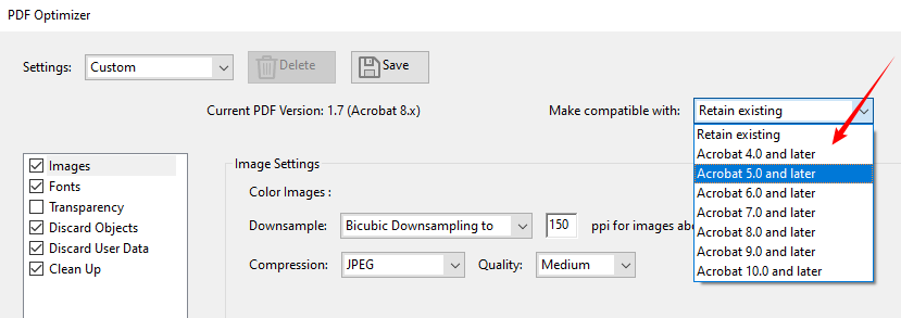 Declassa la versione PDF utilizzando l'ottimizzatore PDF di Adobe Acrobat