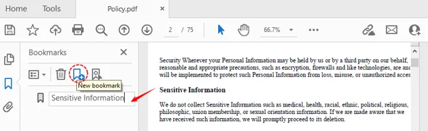 Icona Nuovo segnalibro in Adobe utilizzata per creare un segnalibro PDF.