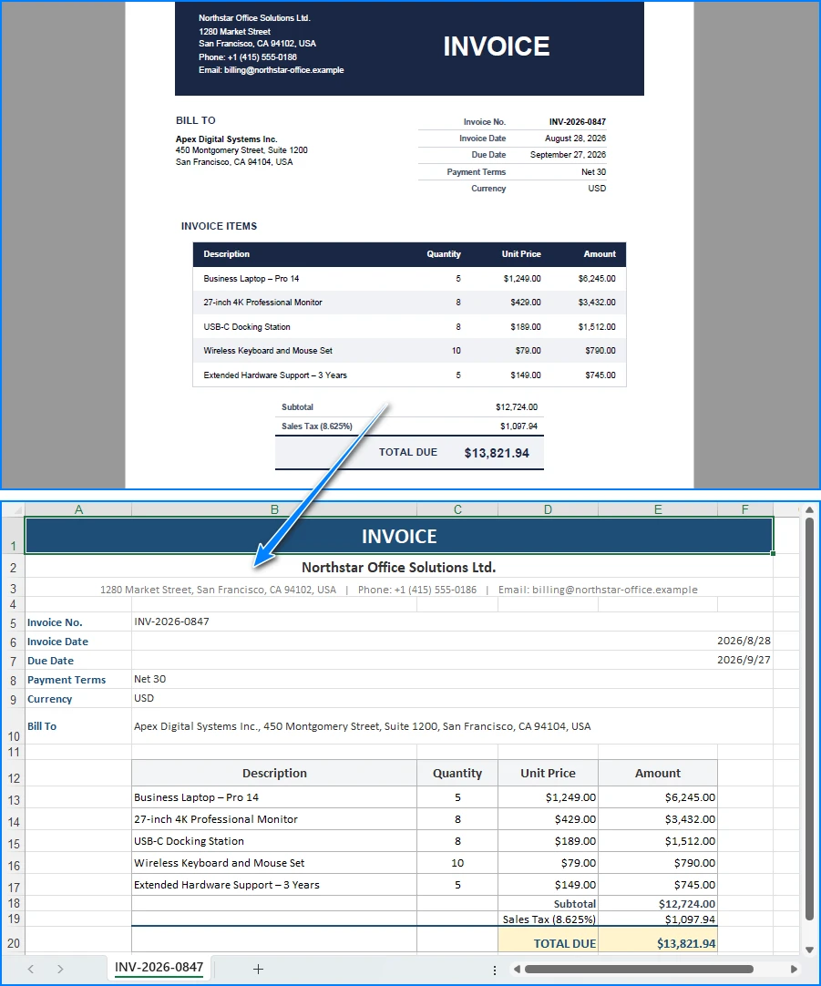 PDF invoice input and formatted Excel report output