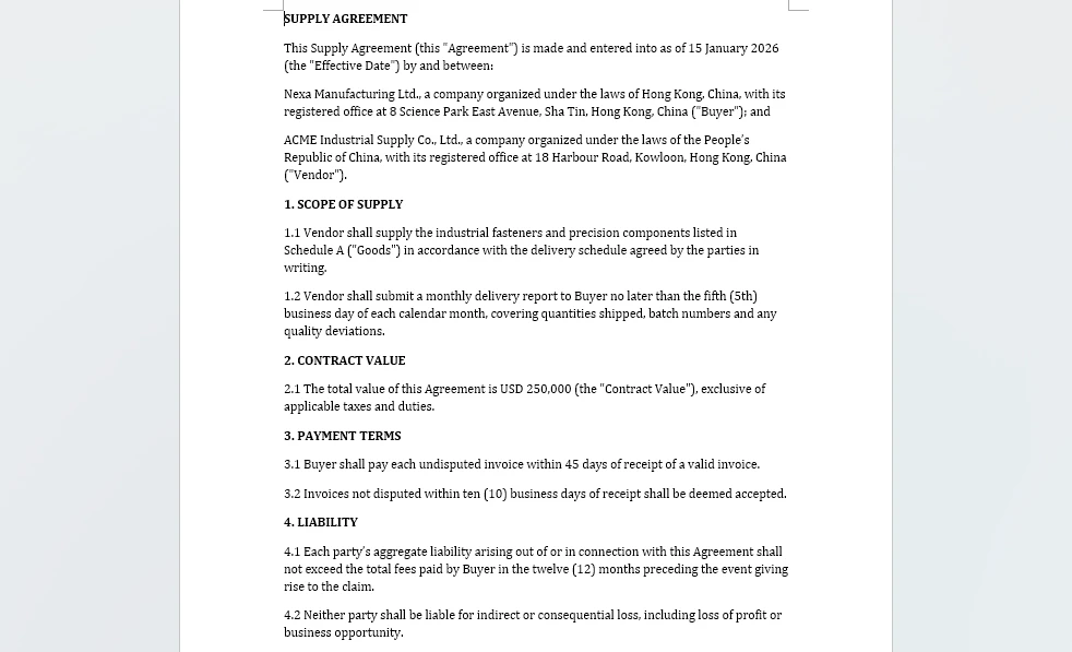 Example output: CTR-2026-001-v1-draft.docx generated from the vendor agreement template with every placeholder field filled from the vendor master workbook