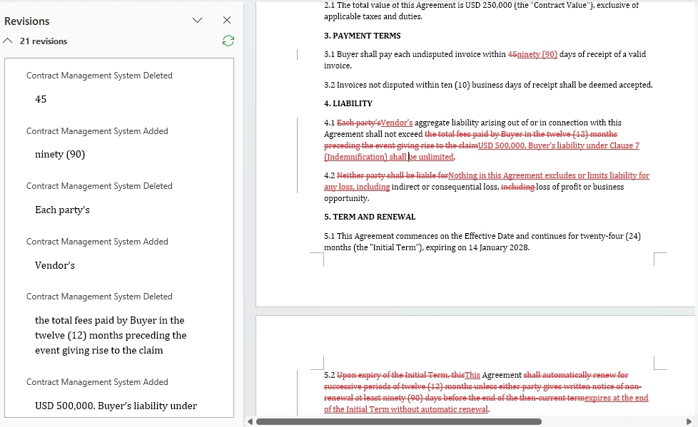 Example output: CTR-2026-001-v1-comparison.docx opened in Word with revision marks on text inserted and deleted between contract versions