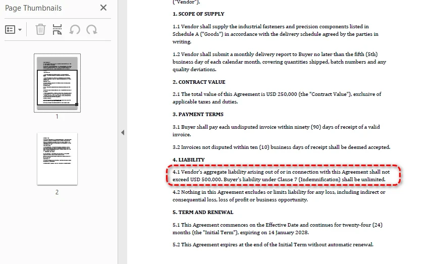 Example output: CTR-2026-001-executed.pdf, the finalized contract produced by Stage 4 after all approvers approved