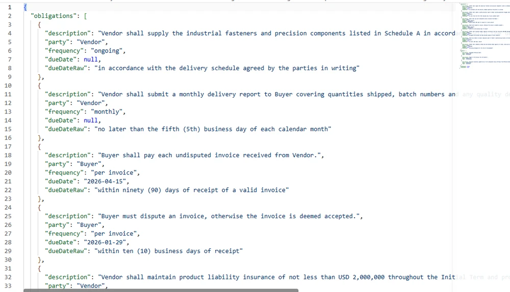 Example output: CTR-2026-001-obligations.json from Stage 5, listing each extracted obligation and key date alongside the original contract text