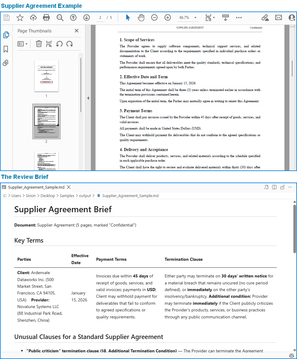 Example output: the agreement and the review brief saved as Markdown
