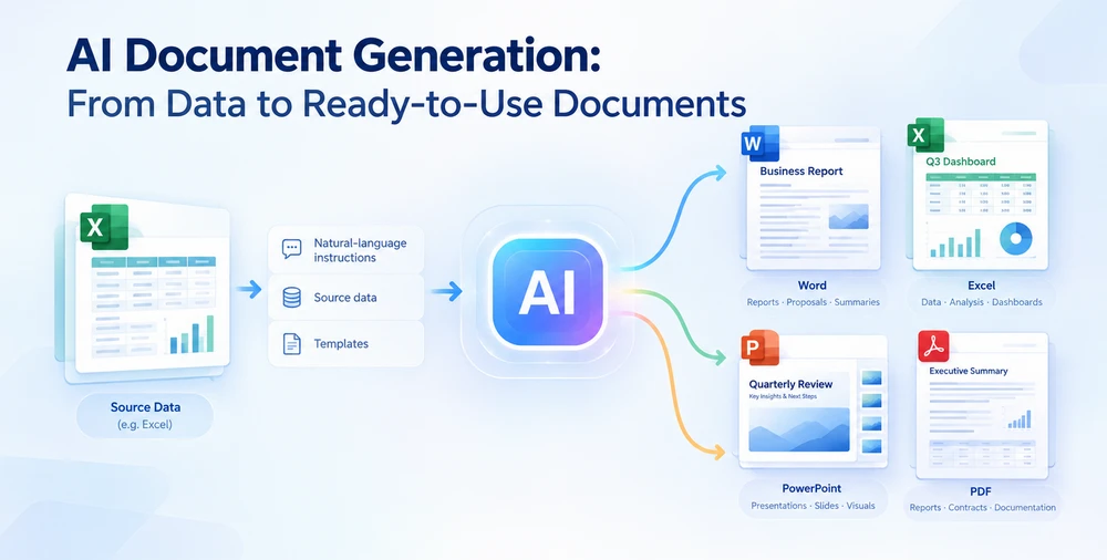 AI-generated Word report, Excel dashboard, PowerPoint slides, and PDF summary produced from a single Excel data source