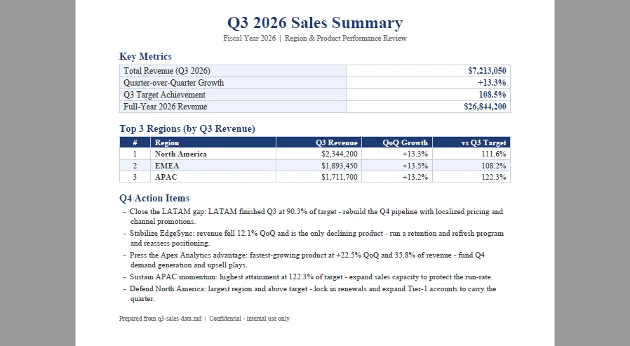 The generated one-page PDF summary: total revenue, growth rate, top 3 regions, and Q4 action items