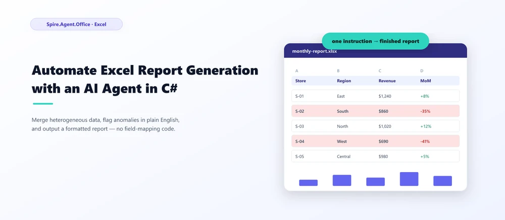 Automate Excel report generation with an AI agent in C# -- normalize raw data, analyze anomalies, and output a management report