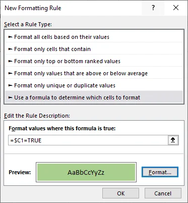 New Formatting Rule dialog with formula =$C1=TRUE