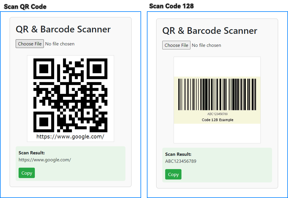 ASP.NET Core QR code and Code128 barcode scan page with recognized results and copy button