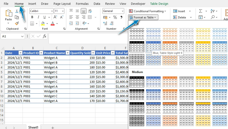 Format as Table in Excel