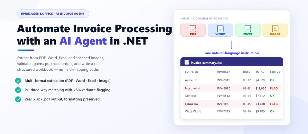 Automatiser le traitement des factures avec un agent IA dans .NET -- extraire des données de PDF, Word, Excel et images numérisées vers un classeur structuré unique à partir d'instructions en langage naturel