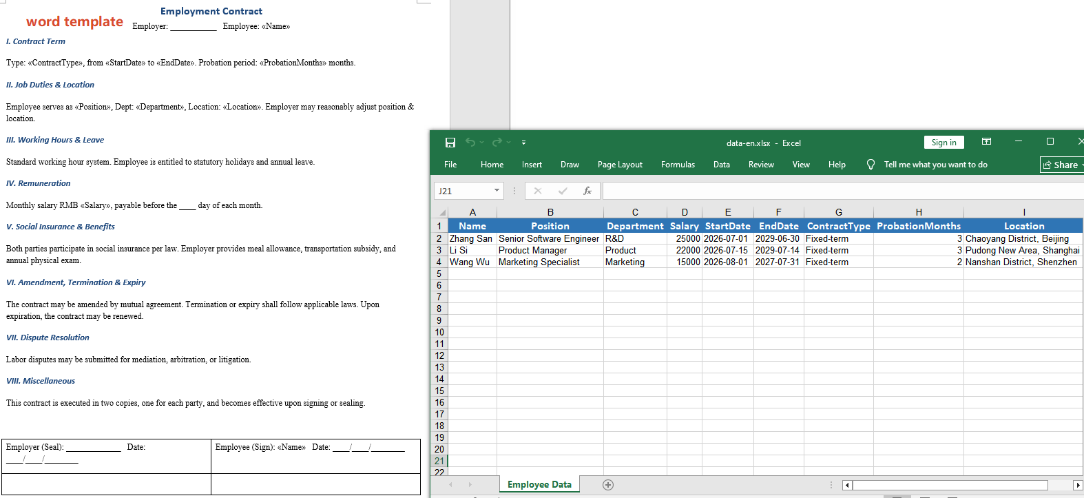 Original Word template and Excel data