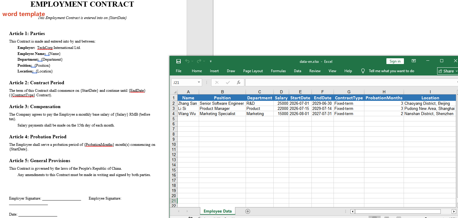 Original Word template and Excel data