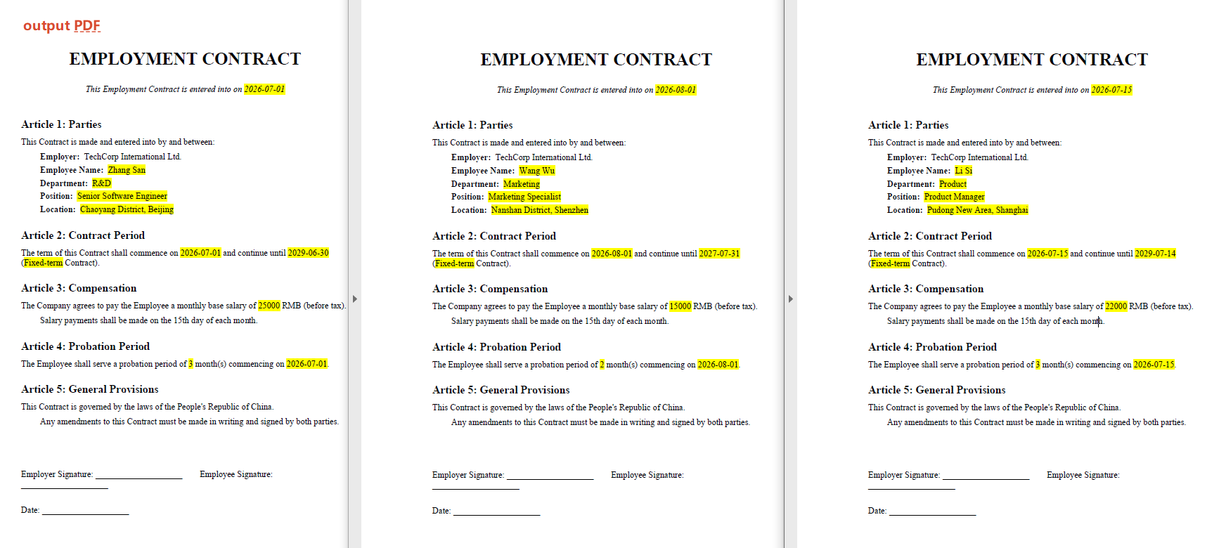Placeholder replacement contract generation