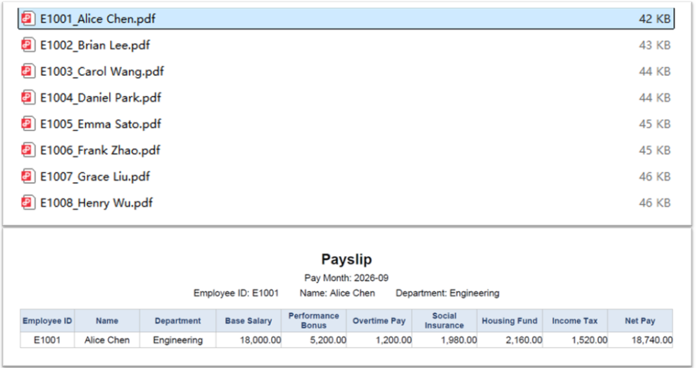 The individual payslip PDFs produced by the split