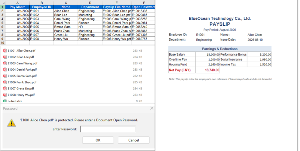 Template-applied, encrypted payslip PDFs and the payslip distribution ledger