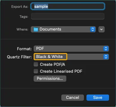 Scegli Bianco e Nero sotto Filtro Quartz