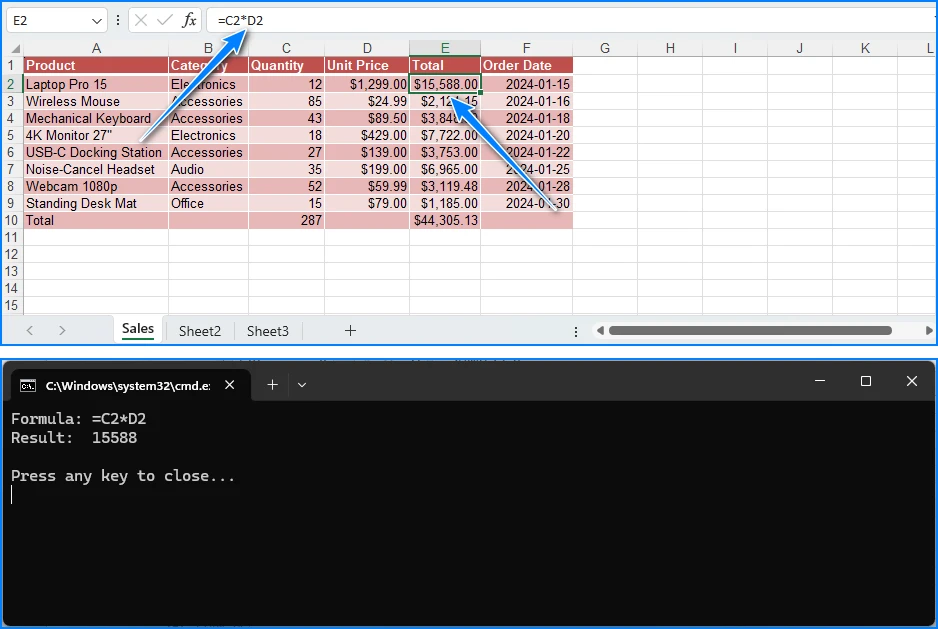 Lire les résultats de formules Excel en C# avec Free Spire.XLS — sortie console