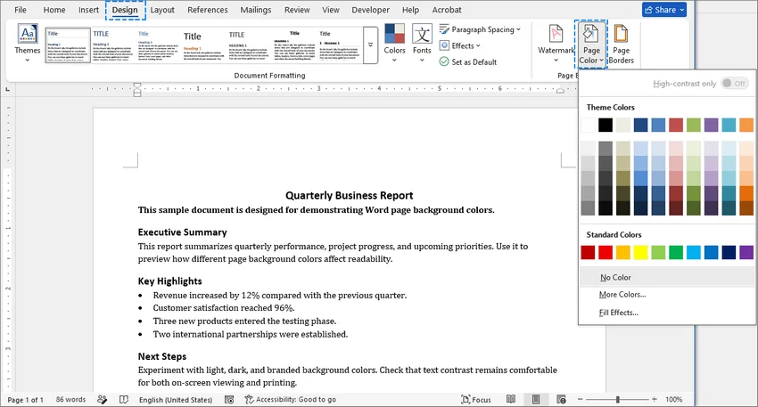 Select Page Color from the Design tab in Microsoft Word