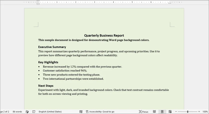 Word document with a changed page background color
