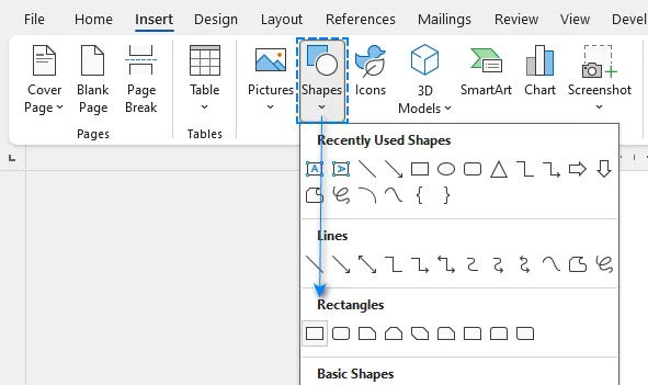 Select the Rectangle tool from the Shapes menu in Microsoft Word