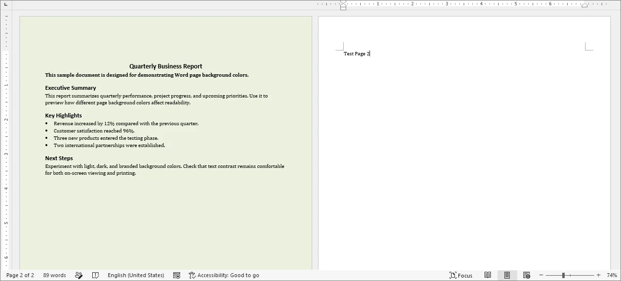 Apply a background color to a single page in Word