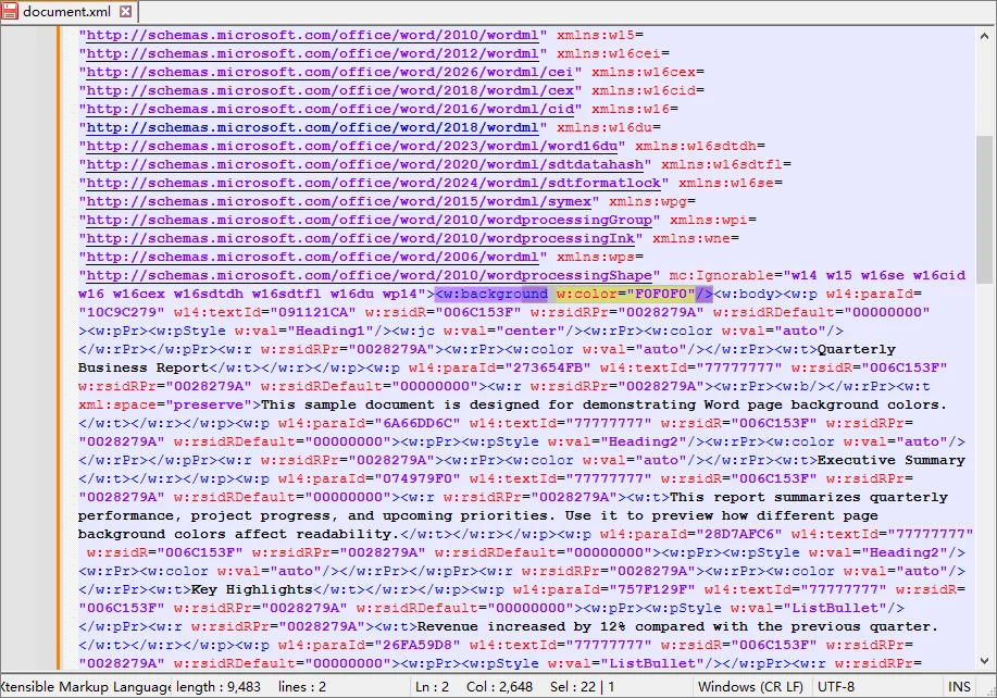 Add the background element to the Word document XML file