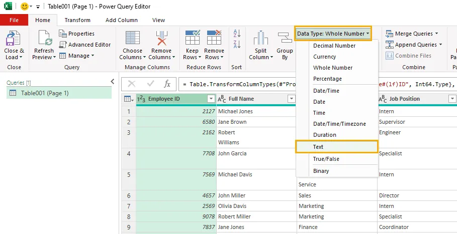 Change data type