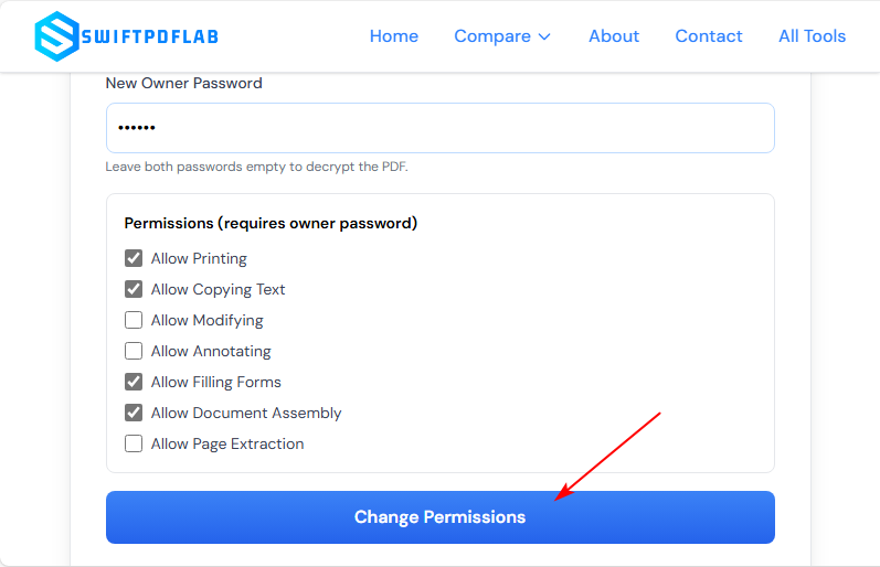 Online tool interface with PDF permission checkboxes