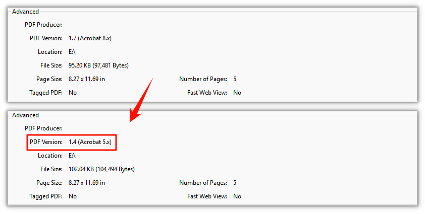 A document saved with the version set to 1.4 — its file header now reads %PDF-1.4