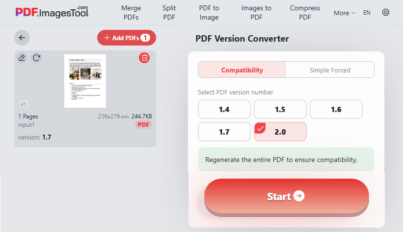 Interfaccia dello strumento di conversione della versione PDF online gratuita