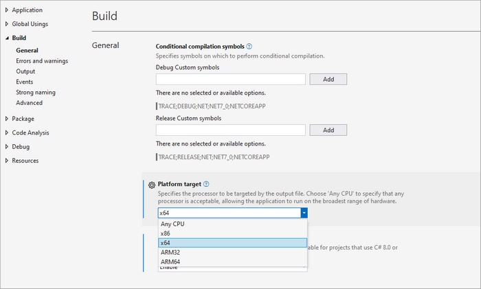 Set platform target to x64.