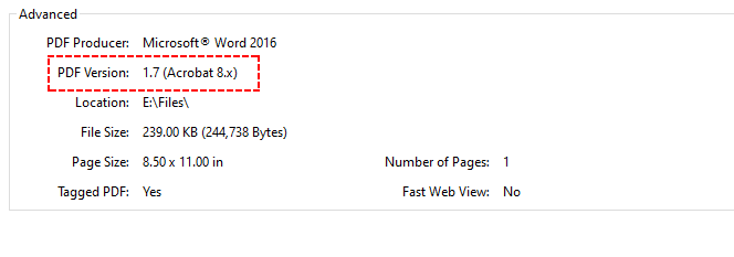 Controlla la versione PDF tramite la finestra delle proprietà del file di Adobe Acrobat