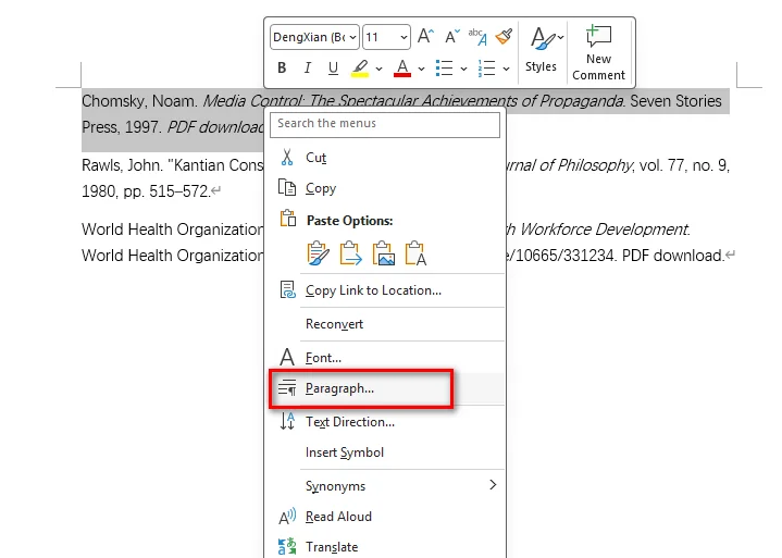 Vai alla funzione Paragrafo in Microsoft Word