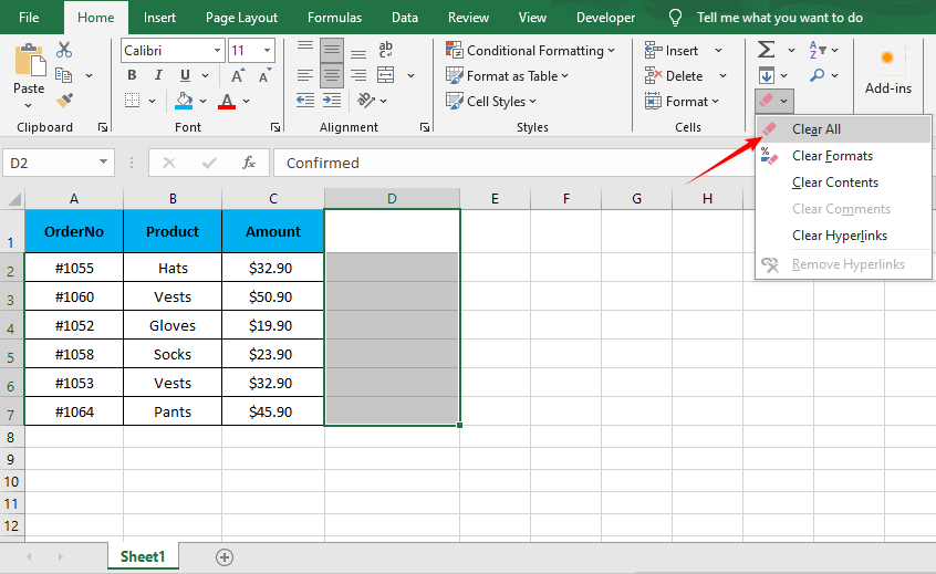 Opção Limpar Tudo para excluir lista suspensa e conteúdo