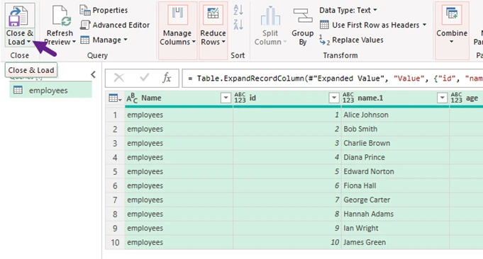 Carregar dados estruturados na folha de cálculo