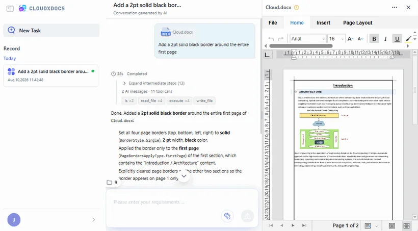 CloudXDocs AI Document Agent web interface for applying Word border via natural language instruction
