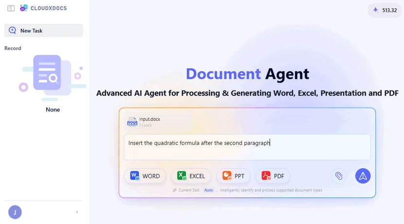 문서 업로드 및 프롬프트 입력이 있는 CloudXDocs AI 에이전트 인터페이스