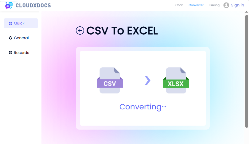 CLOUDXDOCS online CSV to Excel converter.