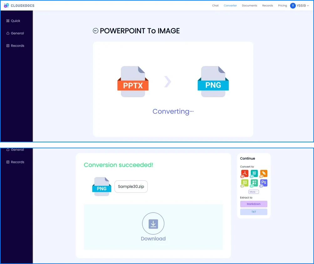 Area di caricamento del convertitore CloudXDocs con un file PPT caricato e lo zip scaricato delle immagini delle diapositive