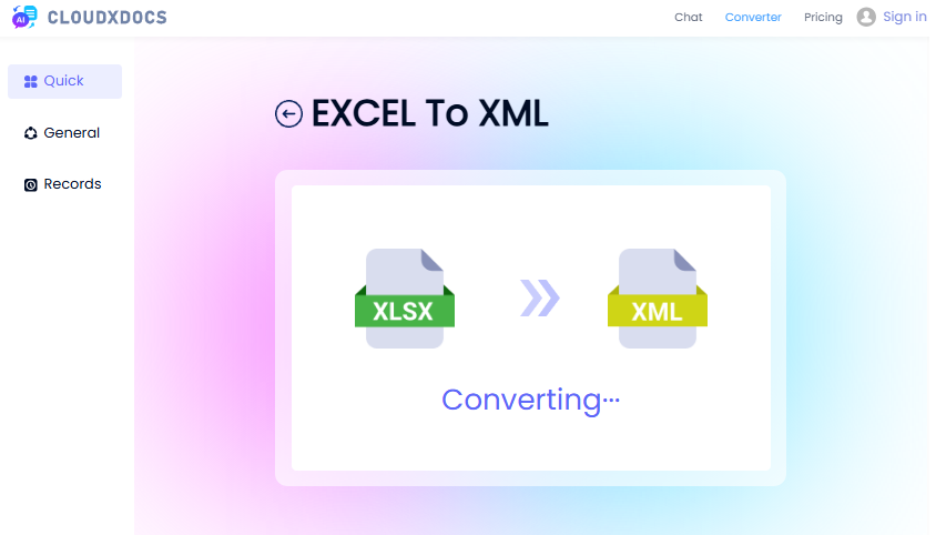 Konvertieren Sie Excel online in XML mit dem CloudxDocs-Konverter.