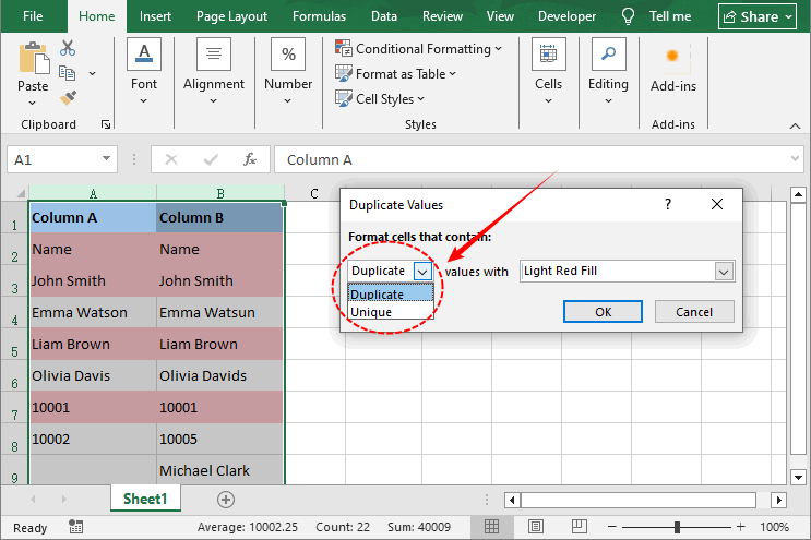 Formatação condicional do Excel para destacar valores correspondentes em vermelho claro