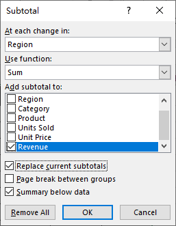 Excel Subtotal dialog box with options