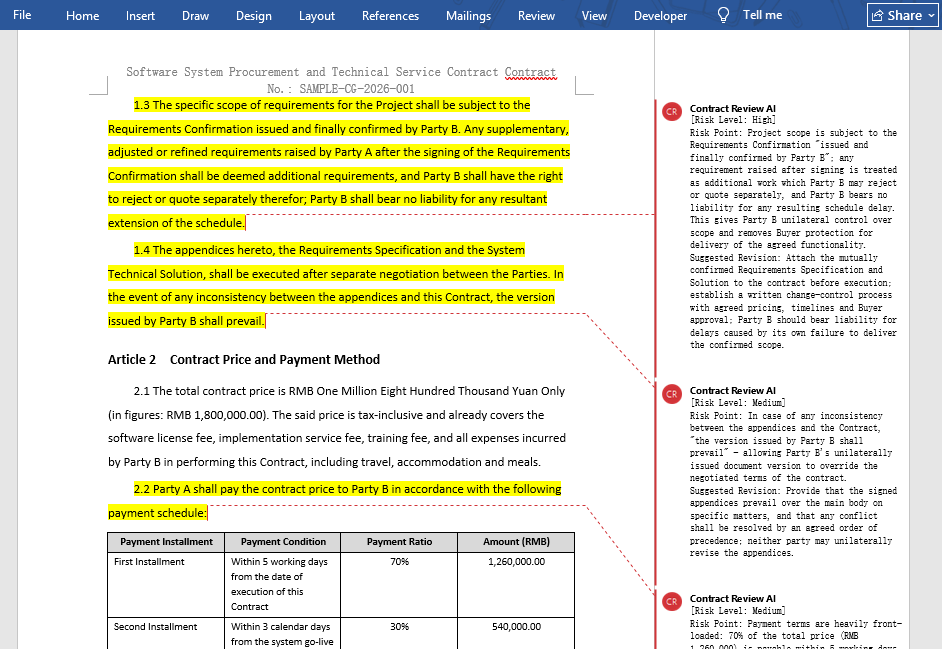 Contract with highlighted annotations