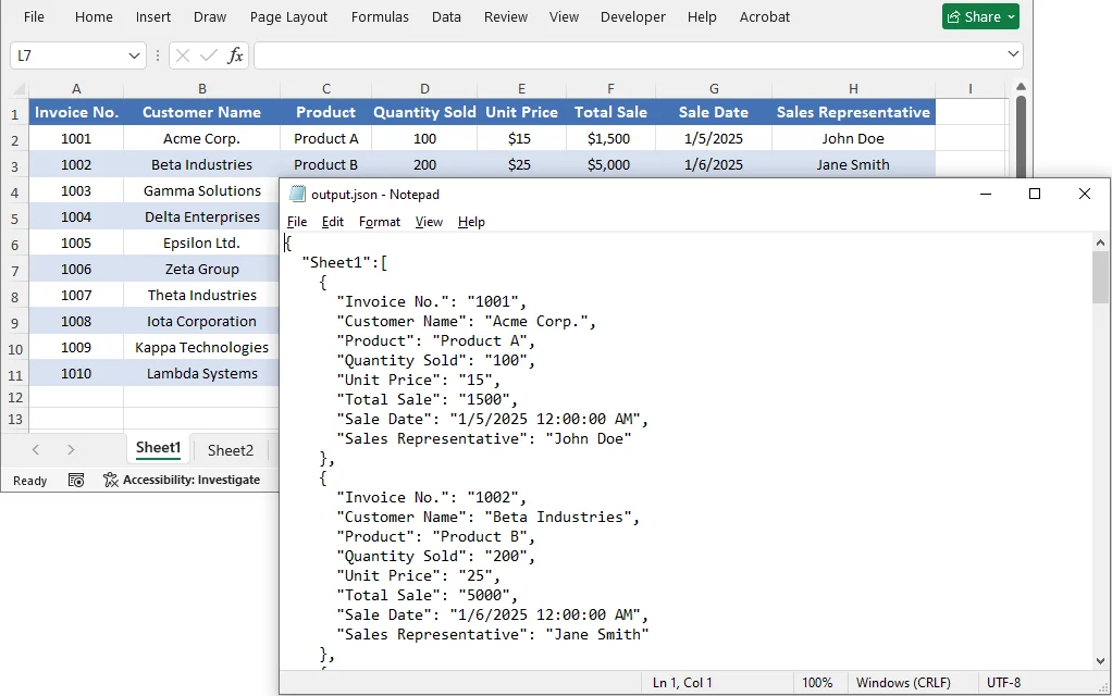 The JSON converted from Excel in C#
