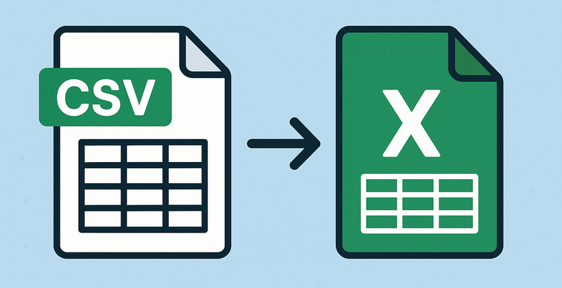 A simple graphic showing a CSV file transforming into an Excel file