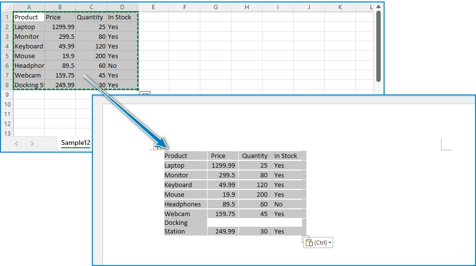 Copiar y pegar datos CSV de Excel a Word