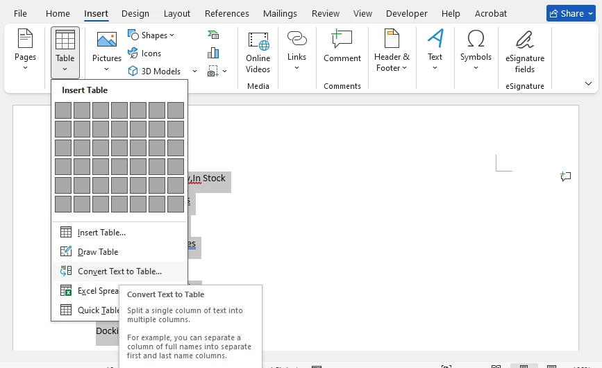 Convertir CSV a tabla de Word usando la función Texto a Tabla
