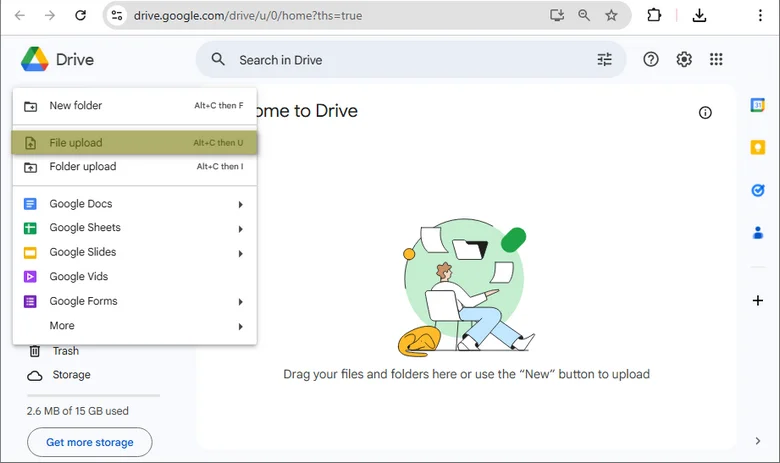 Menú de subida de archivos de Google Drive